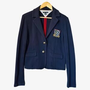 Tommy Hilfiger Womens Medium Schoolboy Jacket Navy Knit Cotton Crest Coat Blazer